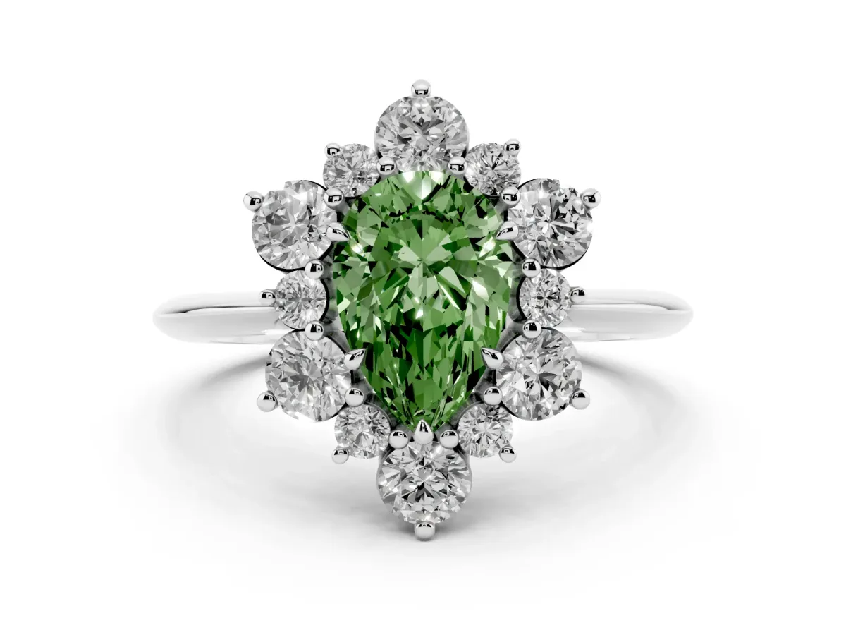 Fancy Green Pear Cut Diamond Cluster Halo Ring with Solitaire Band and Four-Prong Setting Silver