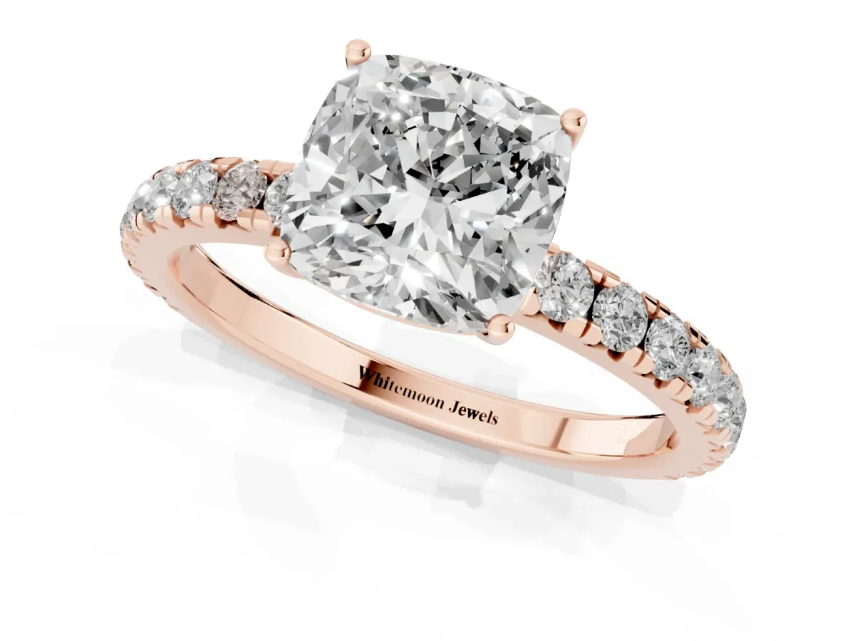 Cushion Cut Diamond Pavé Solitaire Engagement Ring with Four-Prong Setting Rose gold