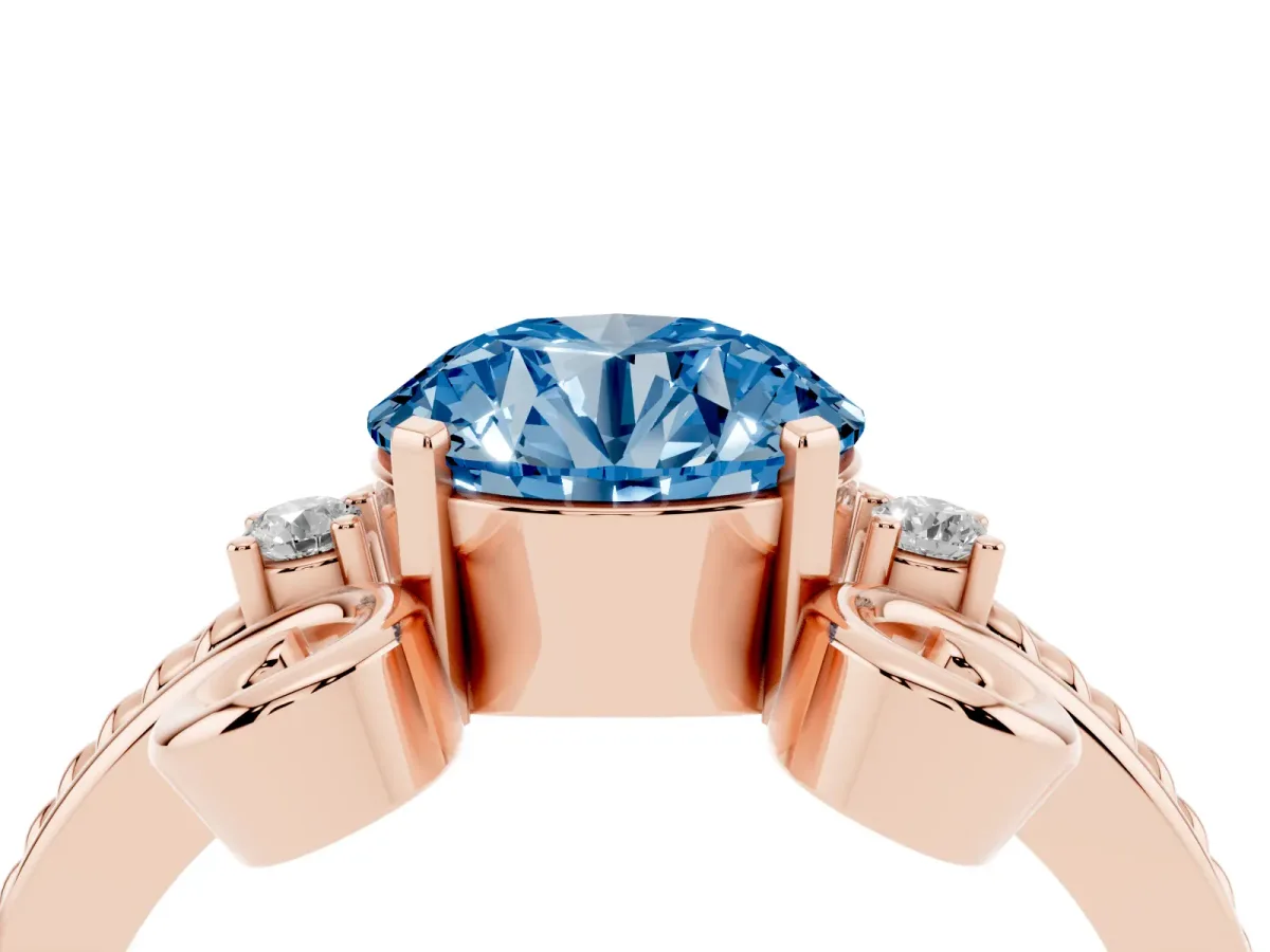 Fancy Blue Round Cut Solitaire Twisted Band Scroll Prong Ring Rose gold