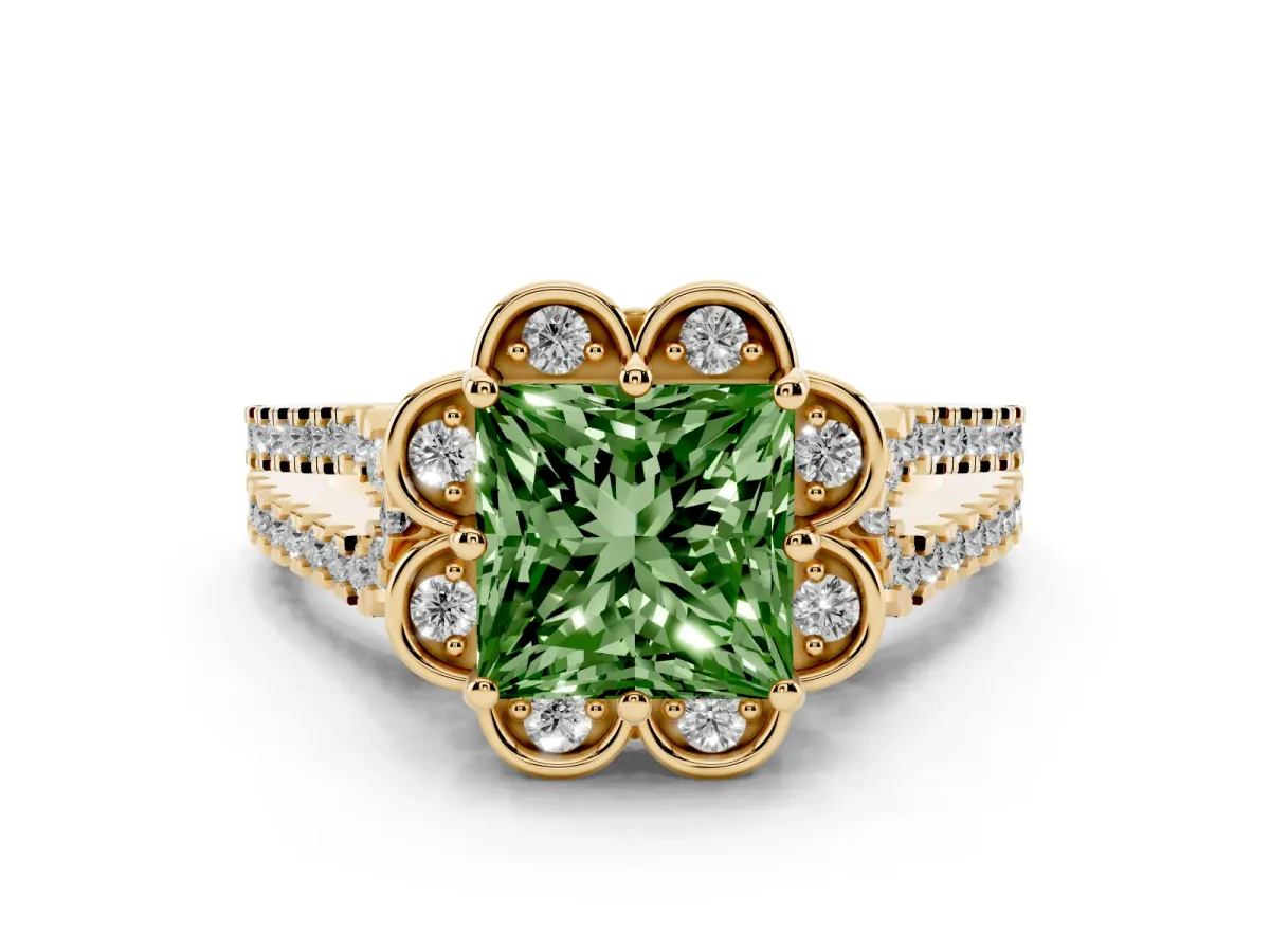 Fancy Green Princess Cut Halo Diamond Floral Split Shank Engagement Ring Yellow gold