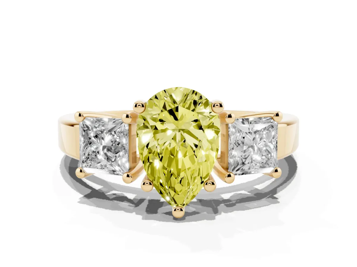 Fancy Yellow Three-Stone Pear Cut Cut Solitaire Ring with Prong Setting Yellow gold