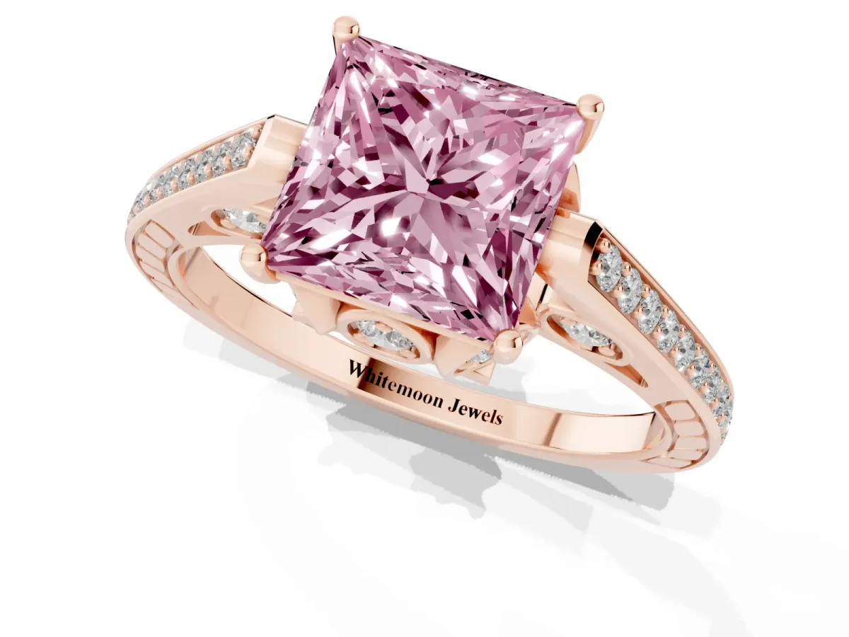 Fancy Pink Princess Cut Cut Cathedral Pave Diamond Engagement Ring with Six-Prong Setting Rose gold