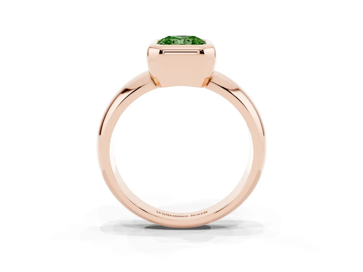 Fancy Green Bezel Set Radiant Cut Solitaire Ring with Wide Band Rose gold