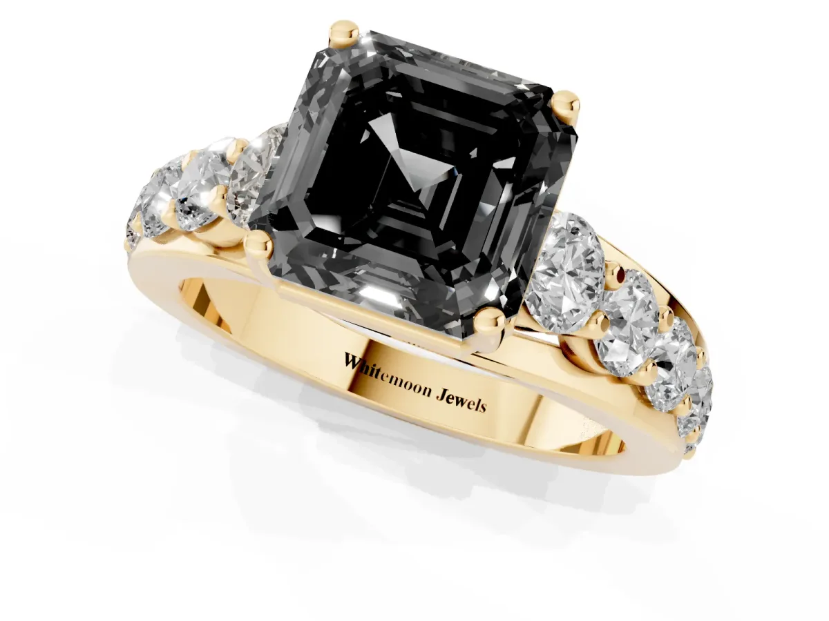 Fancy Black Asscher Cut Diamond Engagement Ring with Pavé Band and Four-Prong Setting Yellow gold