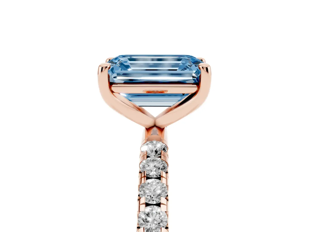 Fancy Blue Emerald Cut Cut Diamond Solitaire Ring with Micro Pave Band and Four Prong Setting Rose gold