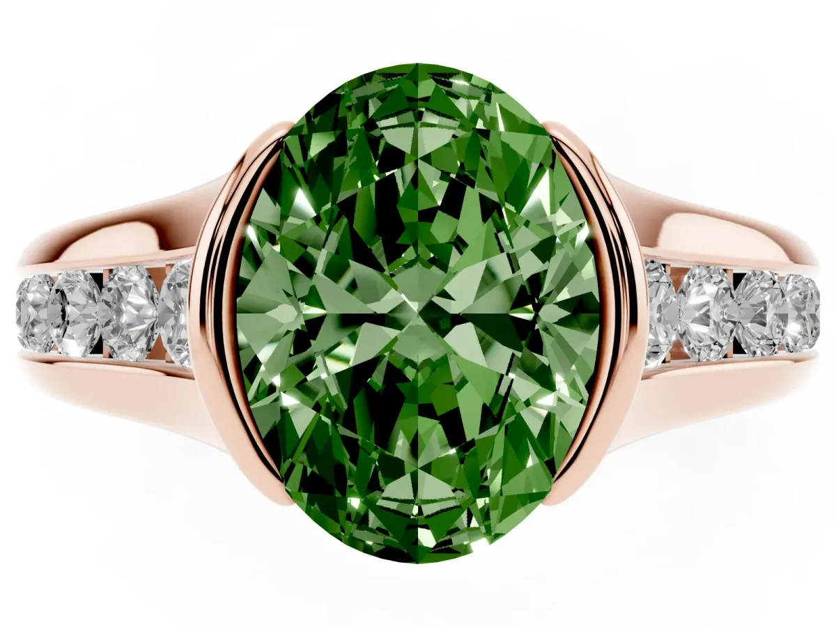 Fancy Green Oval Cut Solitaire Bezel-Set Diamond Ring with Channel-Set Band Rose gold