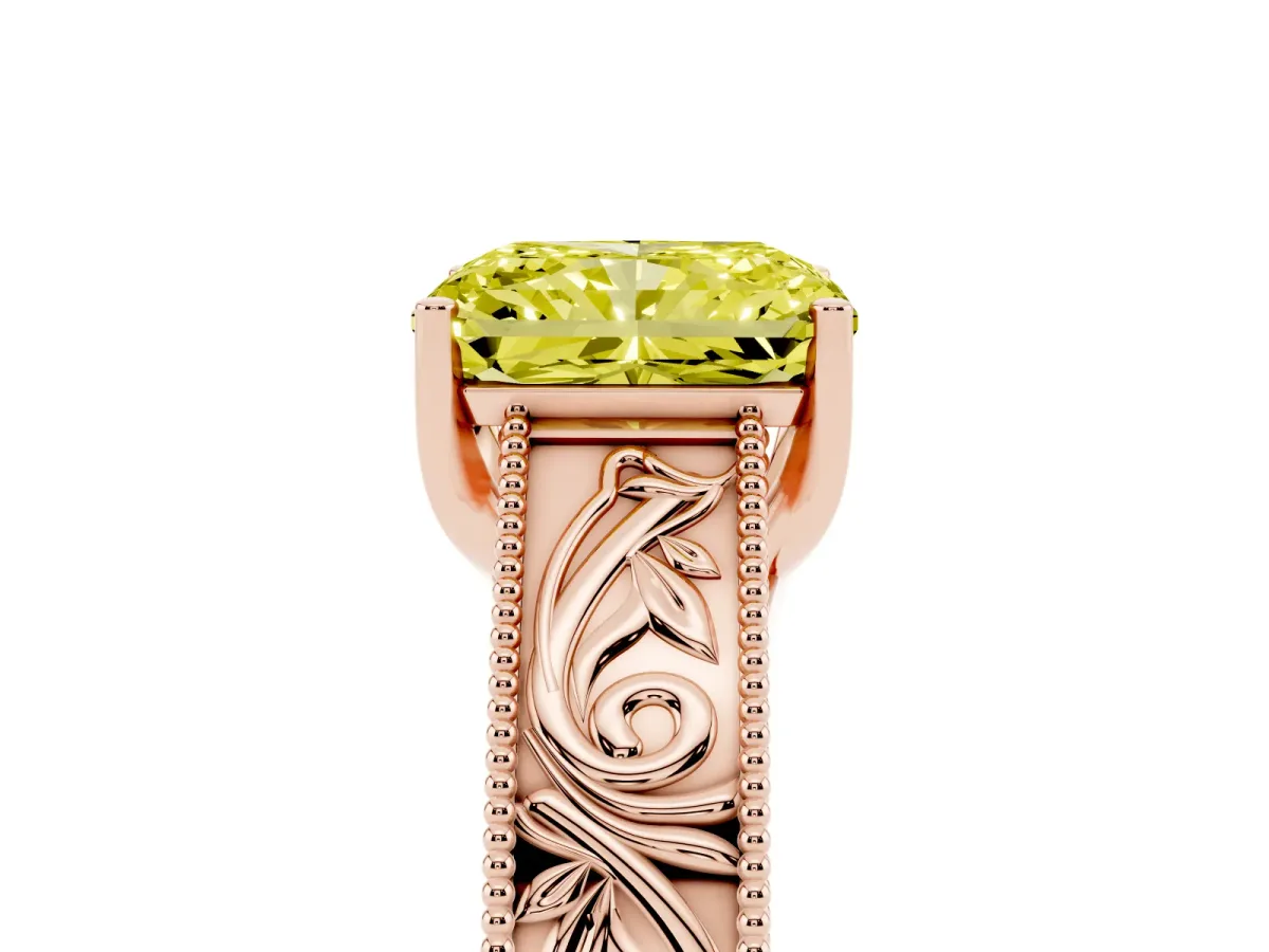 Fancy Yellow Radiant Cut Diamond Solitaire Ring with Engraved Band and Four-Prong Setting Rose gold