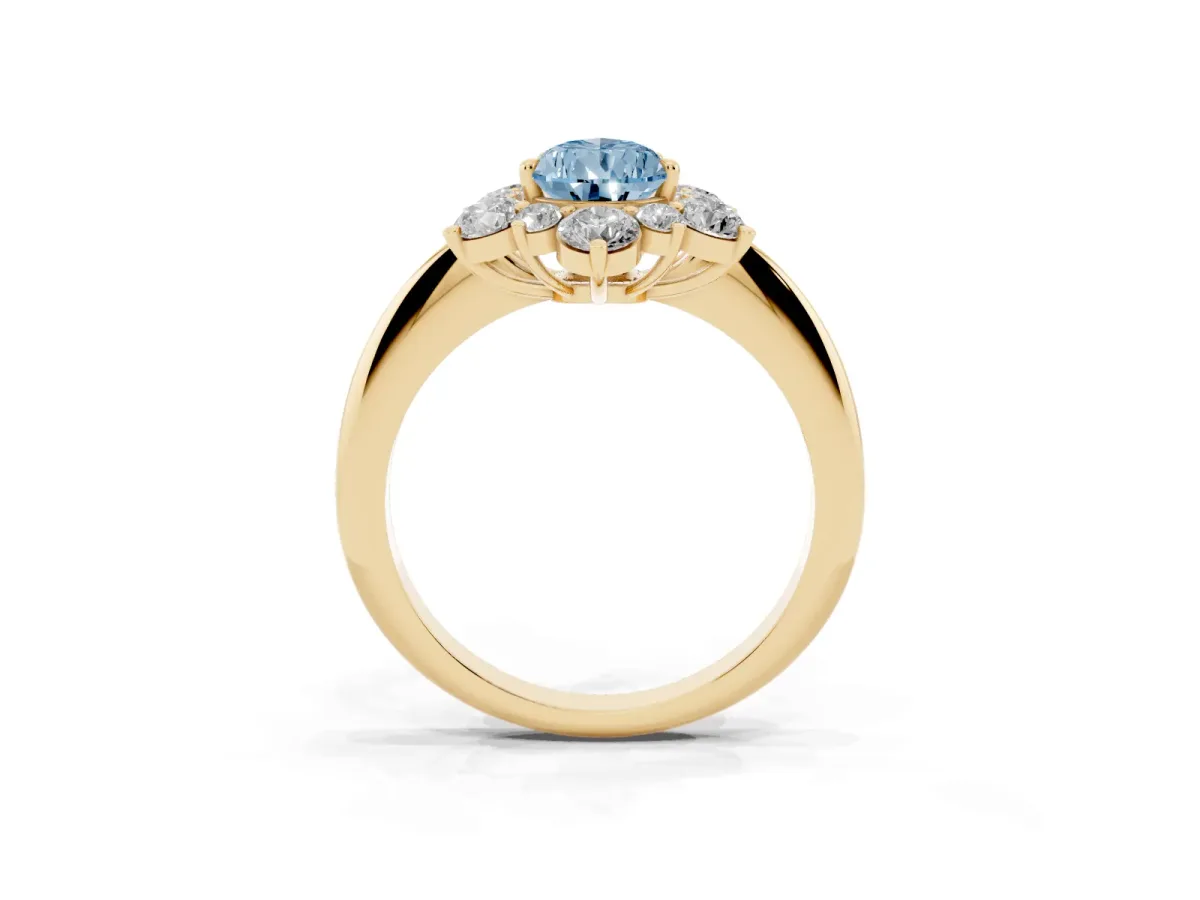 Fancy Blue Pear Cut Diamond Cluster Halo Ring with Solitaire Band and Four-Prong Setting Yellow gold