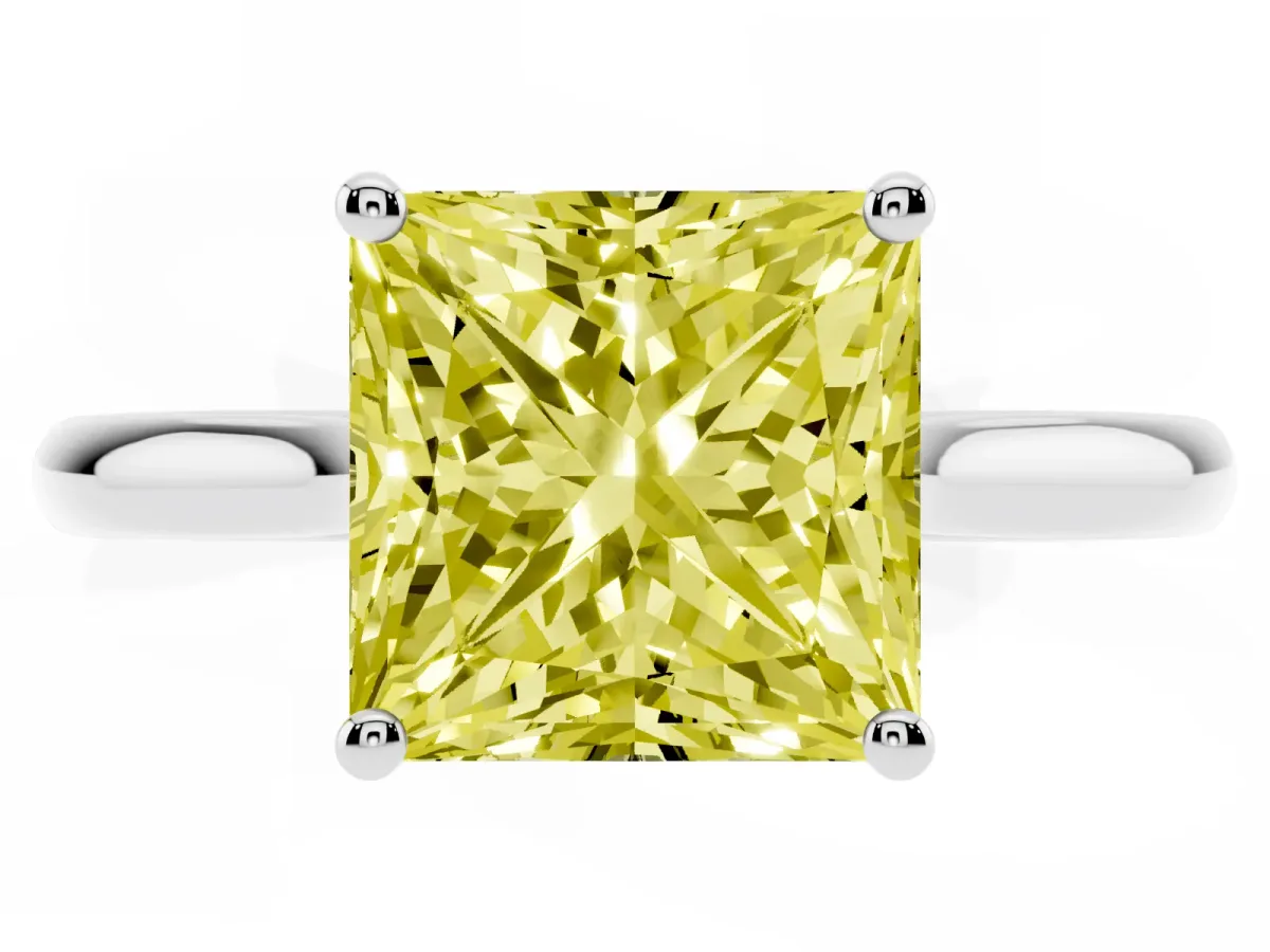 Fancy Yellow Princess Cut Cut Solitaire Ring with Cathedral Band and Four-Prong Setting Silver