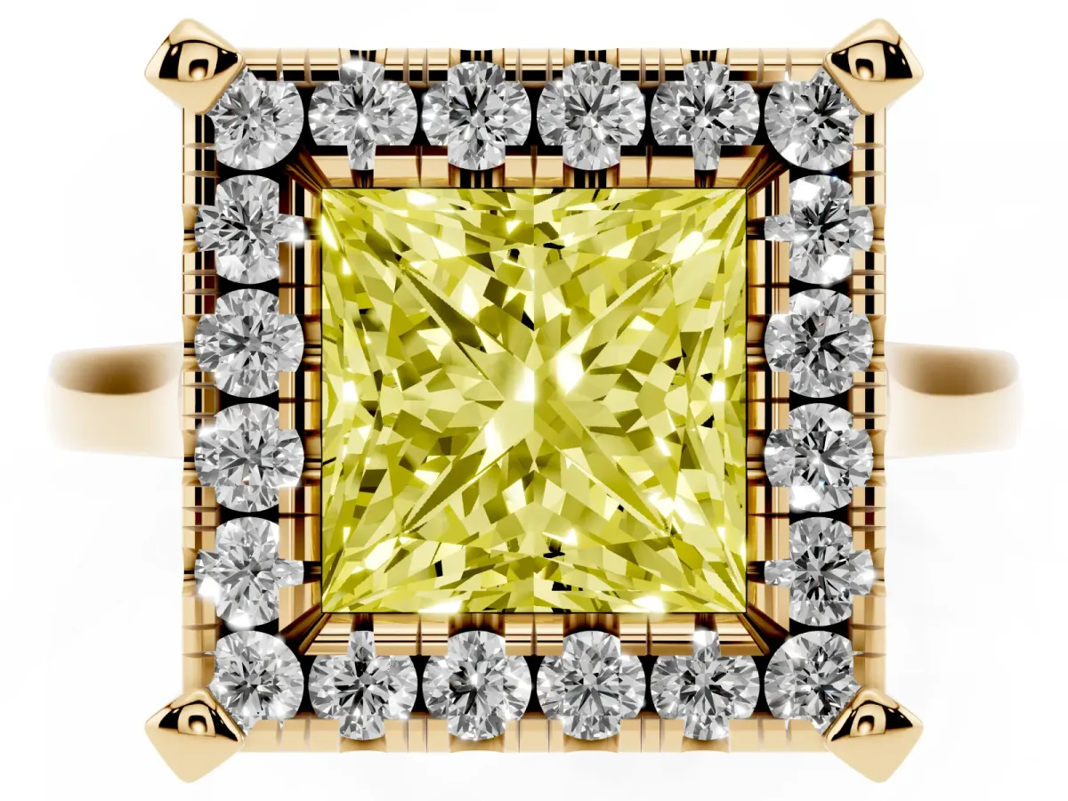 Fancy Yellow Princess Cut Diamond Cluster Halo Solitaire with Four-Prong Setting Yellow gold