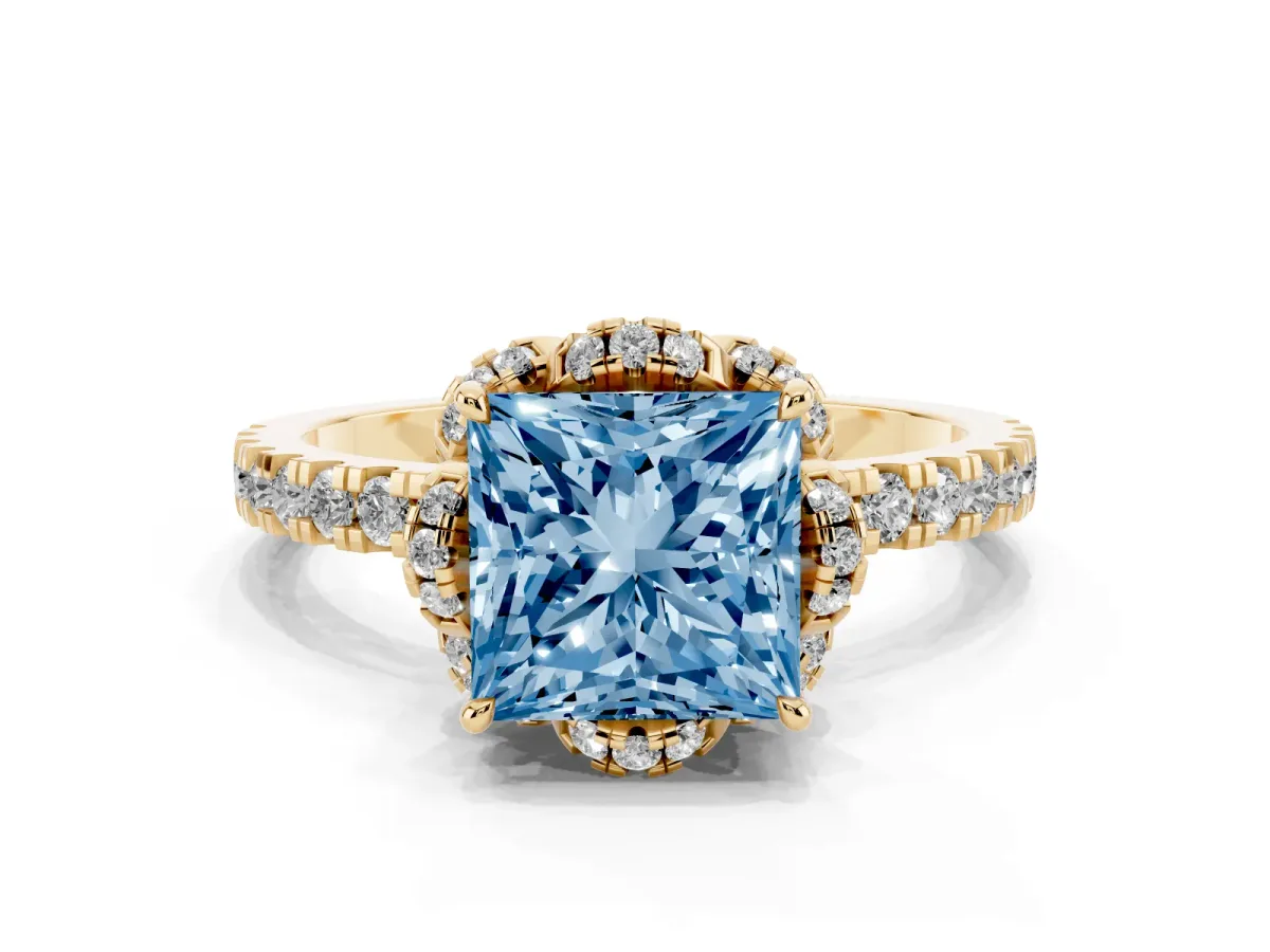 Fancy Blue Princess Cut Diamond Halo Pave Band with Four-Prong Setting Yellow gold