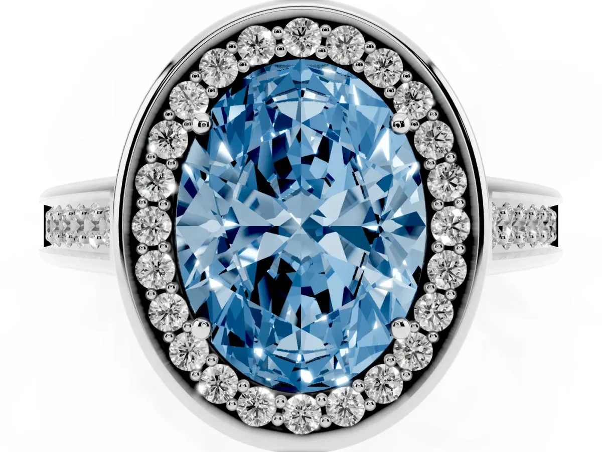 Fancy Blue Oval Cut Halo Solitaire Diamond Ring with Pave Band and Bezel Setting Silver