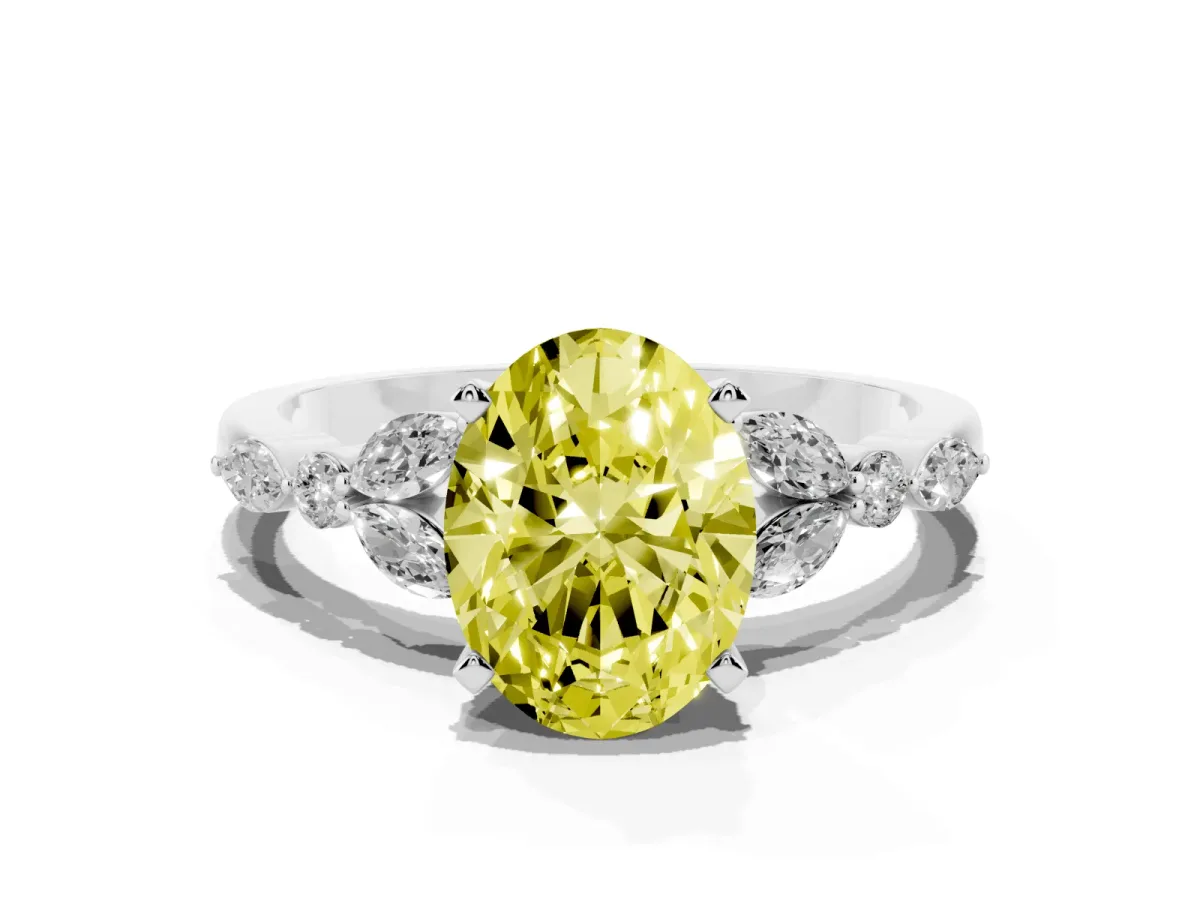 Fancy Yellow Oval Cut Diamond Solitaire Ring with Side Stones and Four-Prong Setting Silver
