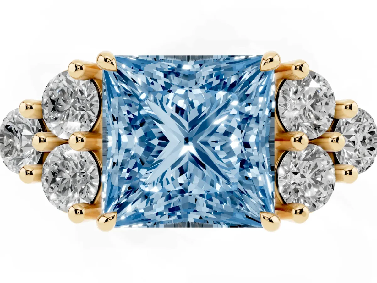 Fancy Blue Princess Cut Brilliant Diamond Cluster Accent Solitaire Ring with Prong Setting Yellow gold