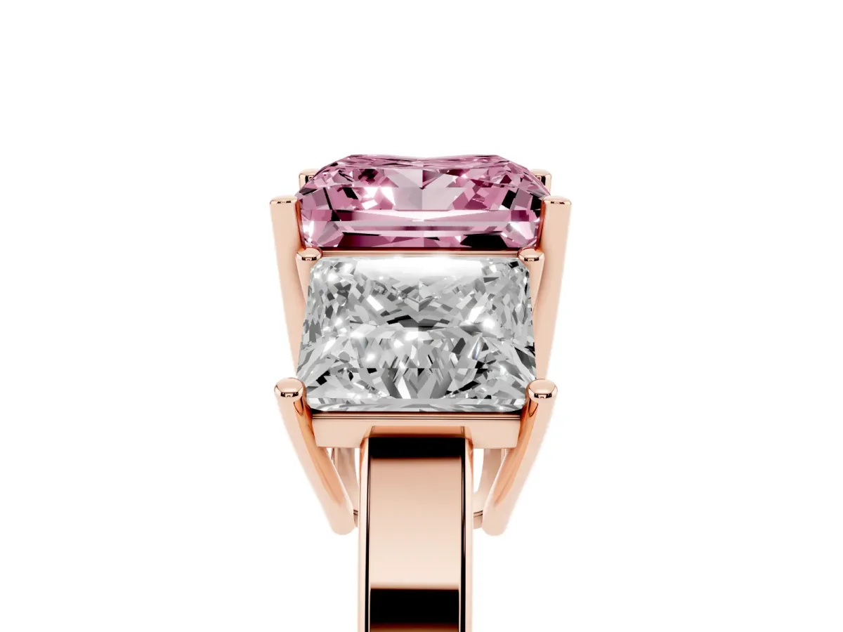 Fancy Pink Three-Stone Princess Cut Cut Diamond Engagement Ring with Flat Band and Four-Prong Setting Rose gold