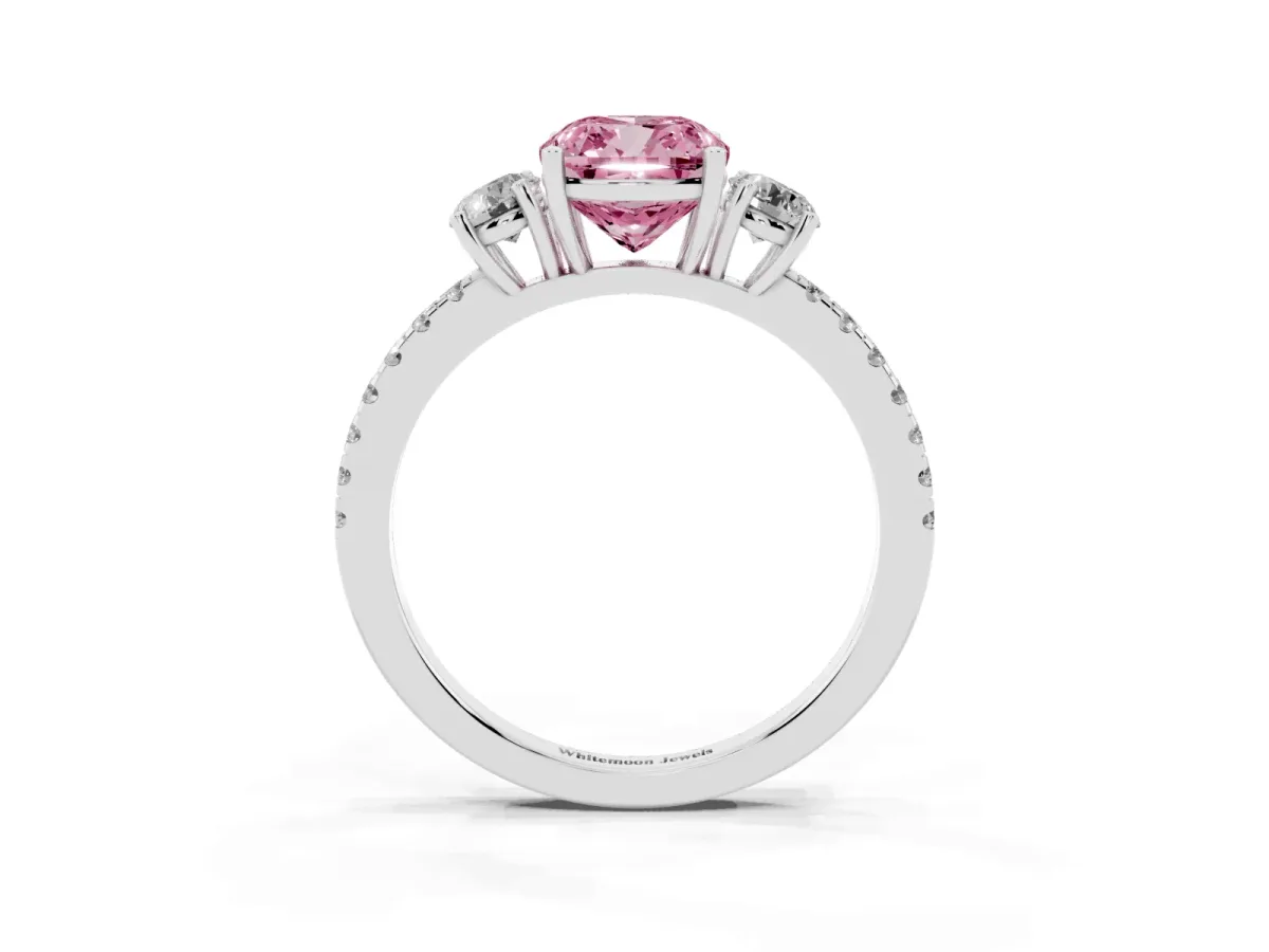 Fancy Pink Three-Stone Cushion Cut Cut Diamond Pavé Band with Prong Setting Platinum