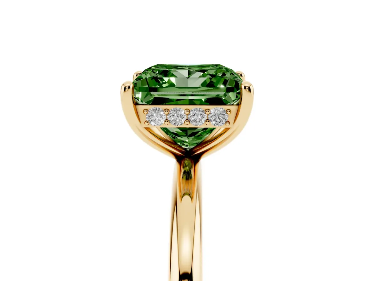 Fancy Green Princess Cut Solitaire Diamond Ring with a Classic Band and Four-Prong Setting Yellow gold