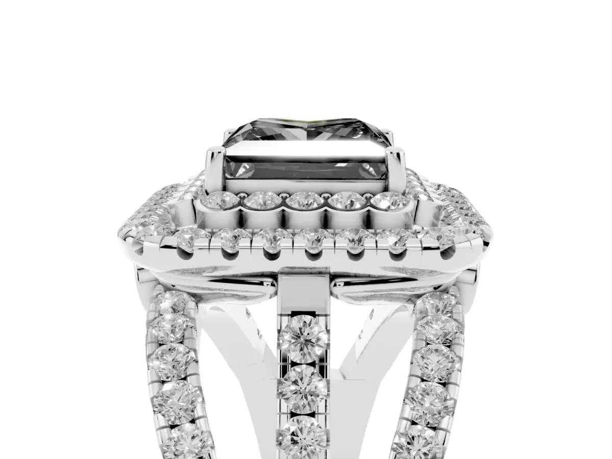 Fancy Black Princess Cut Diamond Double Halo Ring with Round Pavé Split Shank and Prong Setting Silver