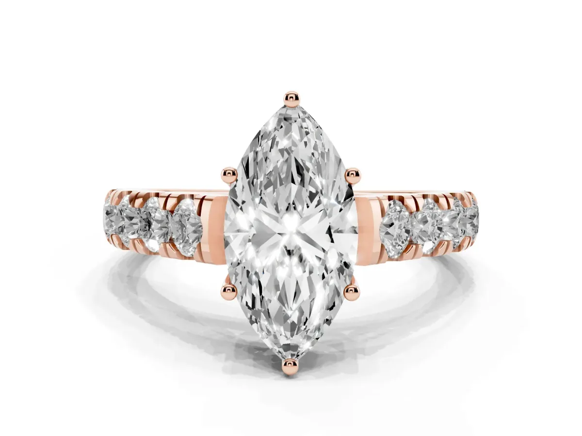 Marquise Cut Cut Diamond Solitaire Ring with Micro Pave Band and Prong Setting Rose gold