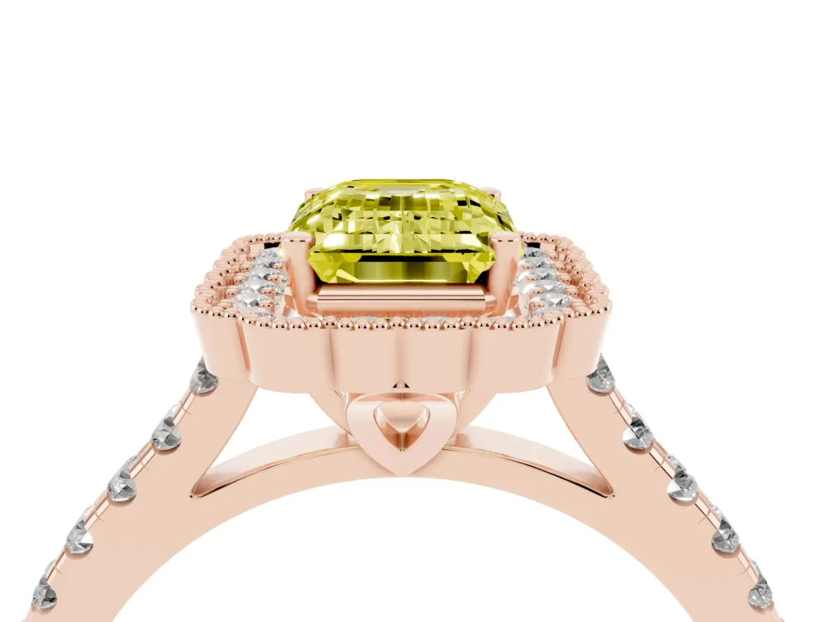 Fancy Yellow Emerald Cut Cut Diamond Milgrain Floral Halo Engagement Ring with Pavé Band Rose gold