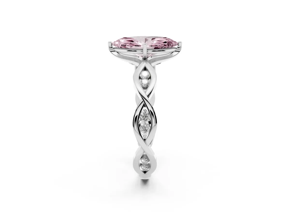 Fancy Pink Marquise Cut Solitaire Twist Band with Leaf Prong Setting Silver