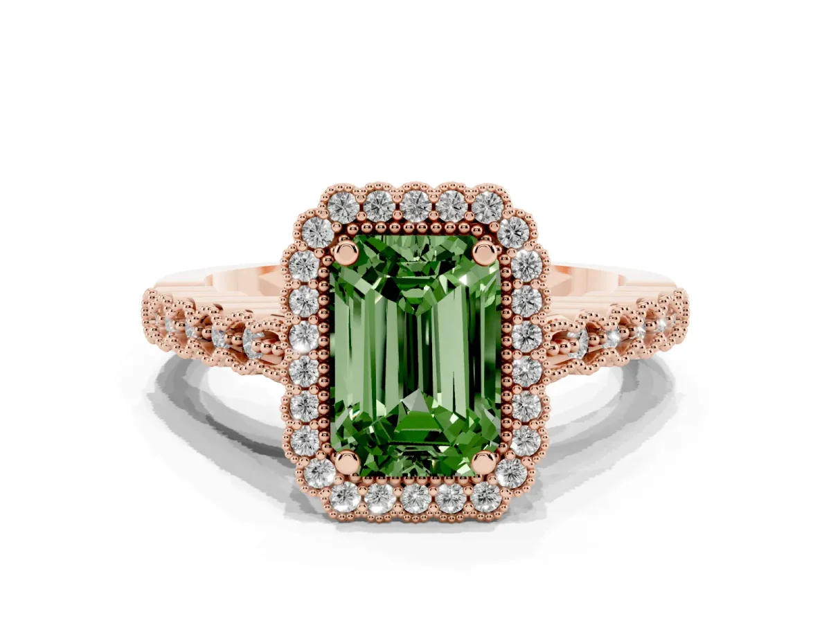 Fancy Green Emerald Cut Cut Halo Pavé Solitaire Ring with Milgrain Band Rose gold