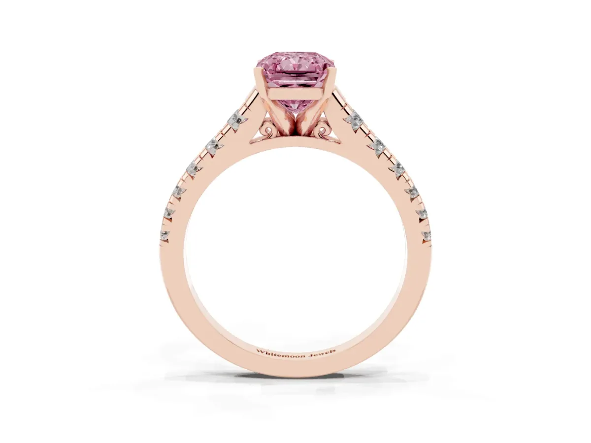 Fancy Pink Radiant Cut Diamond Cathedral Solitaire Ring with Round Pavé Band Rose gold