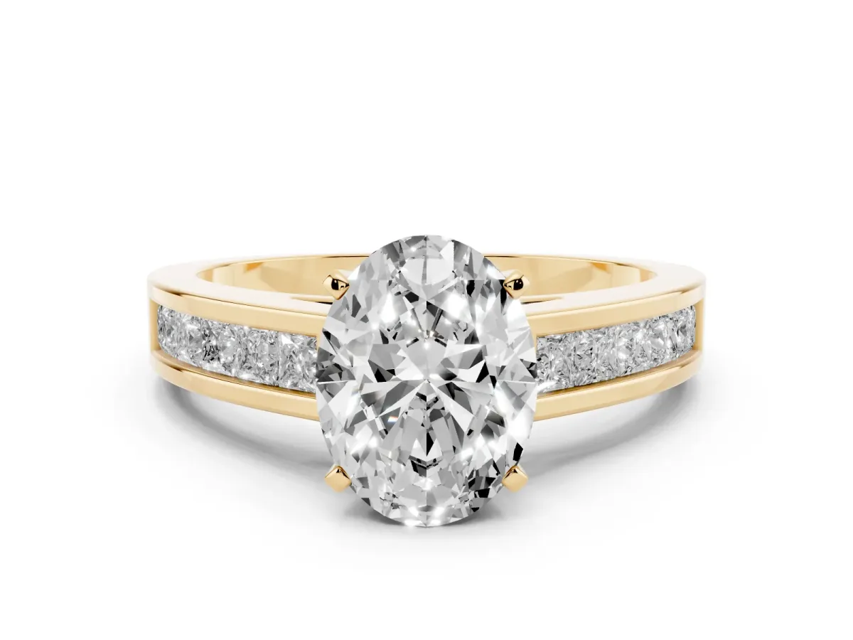 Oval Cut Solitaire Diamond Ring with Channel-Set Band and Four-Prong Setting Yellow gold