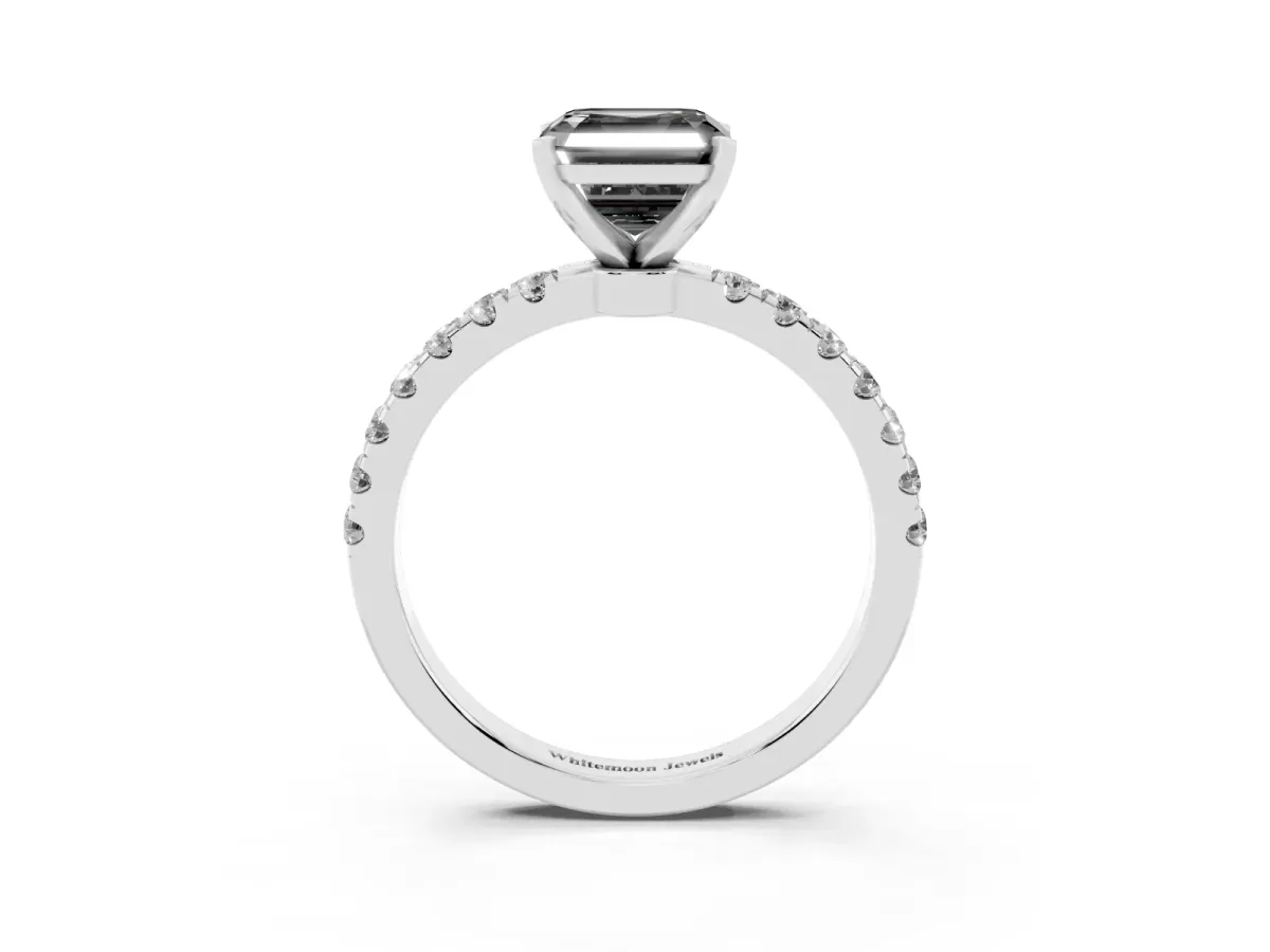 Fancy Black Asscher Cut Diamond Solitaire Ring with Pavé Accents and Four-Prong Setting Silver