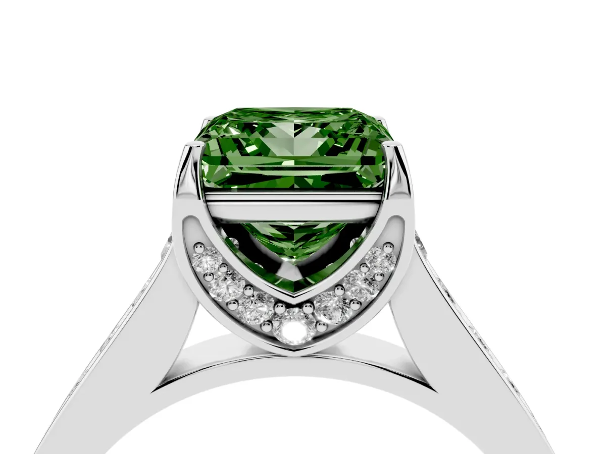Fancy Green Princess Cut Brilliant Cut Diamond Engagement Ring with Pavé Band and Four-Prong Setting Silver