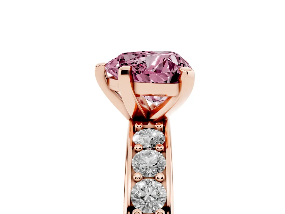 Fancy Pink Heart Cut Diamond Engagement Ring with Channel Set Round Band and Prong Setting Rose gold