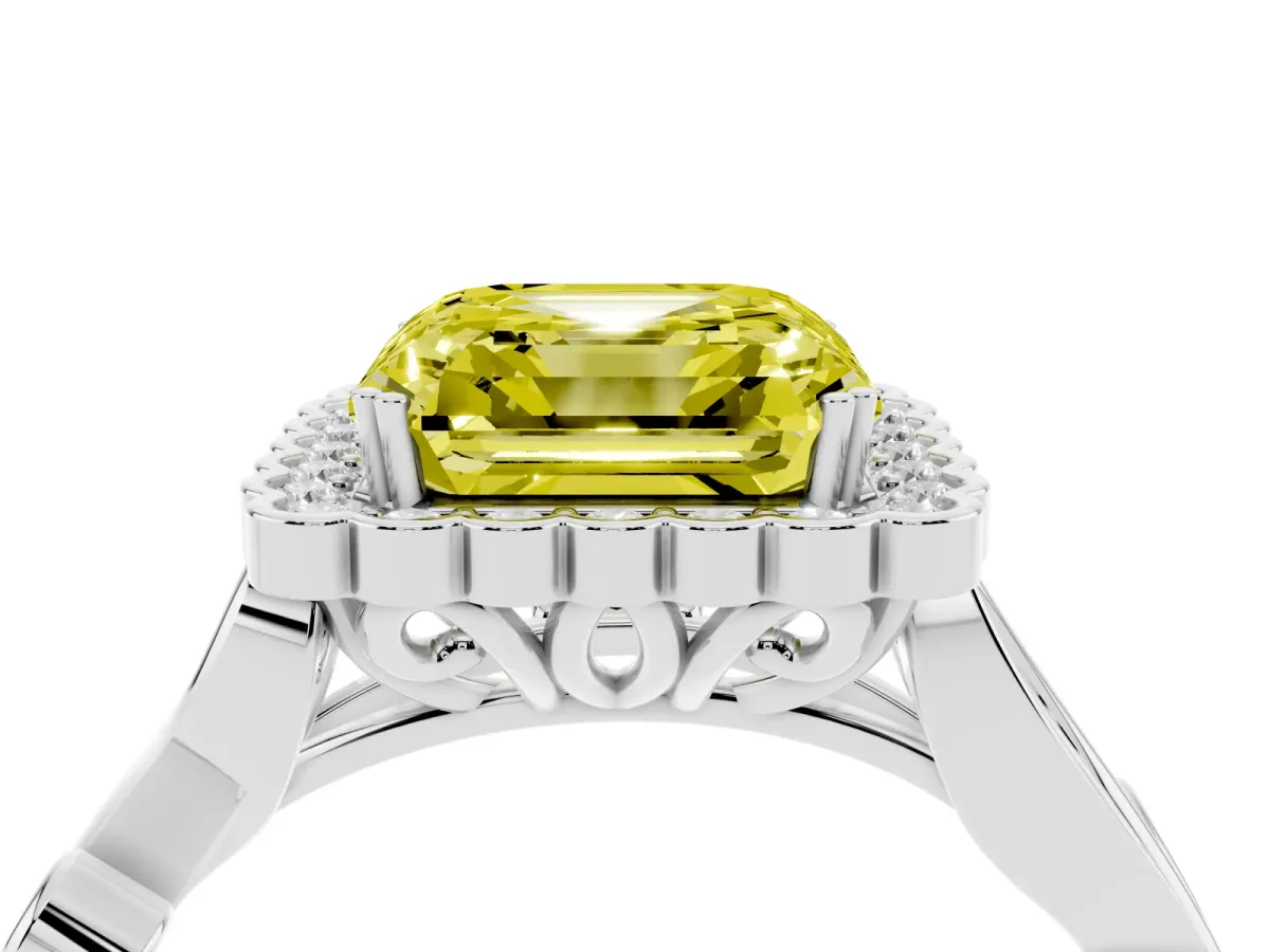 Fancy Yellow Asscher Cut Diamond Halo Ring with Vintage Split Shank and Four-Prong Setting Silver