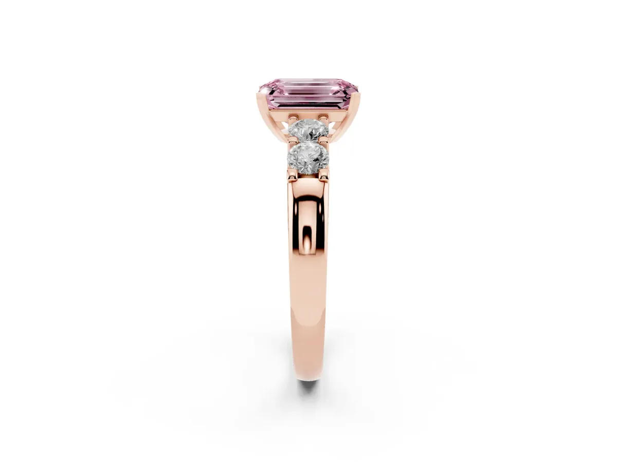 Fancy Pink Emerald Cut Brilliant Cut Diamond Five-Stone Prong Set Engagement Ring with Channel Band Rose gold