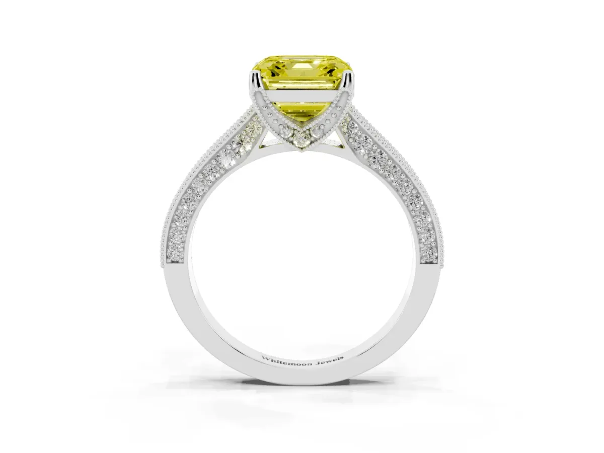 Fancy Yellow Asscher Cut Cut Diamond Solitaire Ring with Milgrain Pave Band and Four Prong Setting Silver