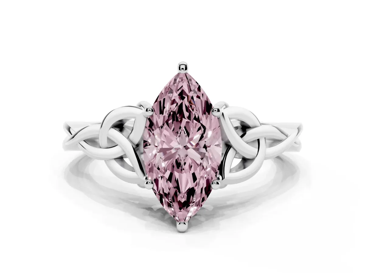 Fancy Pink Marquise Cut Diamond Solitaire Engagement Ring with Celtic Knot Band and Four-Prong Setting White gold