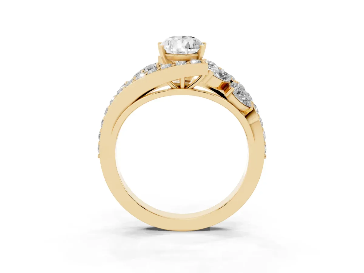 Pear Cut Diamond Halo Ring with Marquise and Pavé Band in Prong Setting Yellow gold