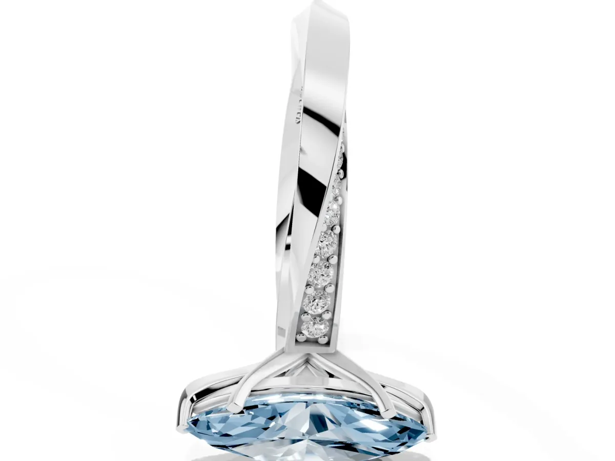 Fancy Blue Marquise Cut Diamond Engagement Ring with Side Stone Accents and Four-Prong Setting Silver