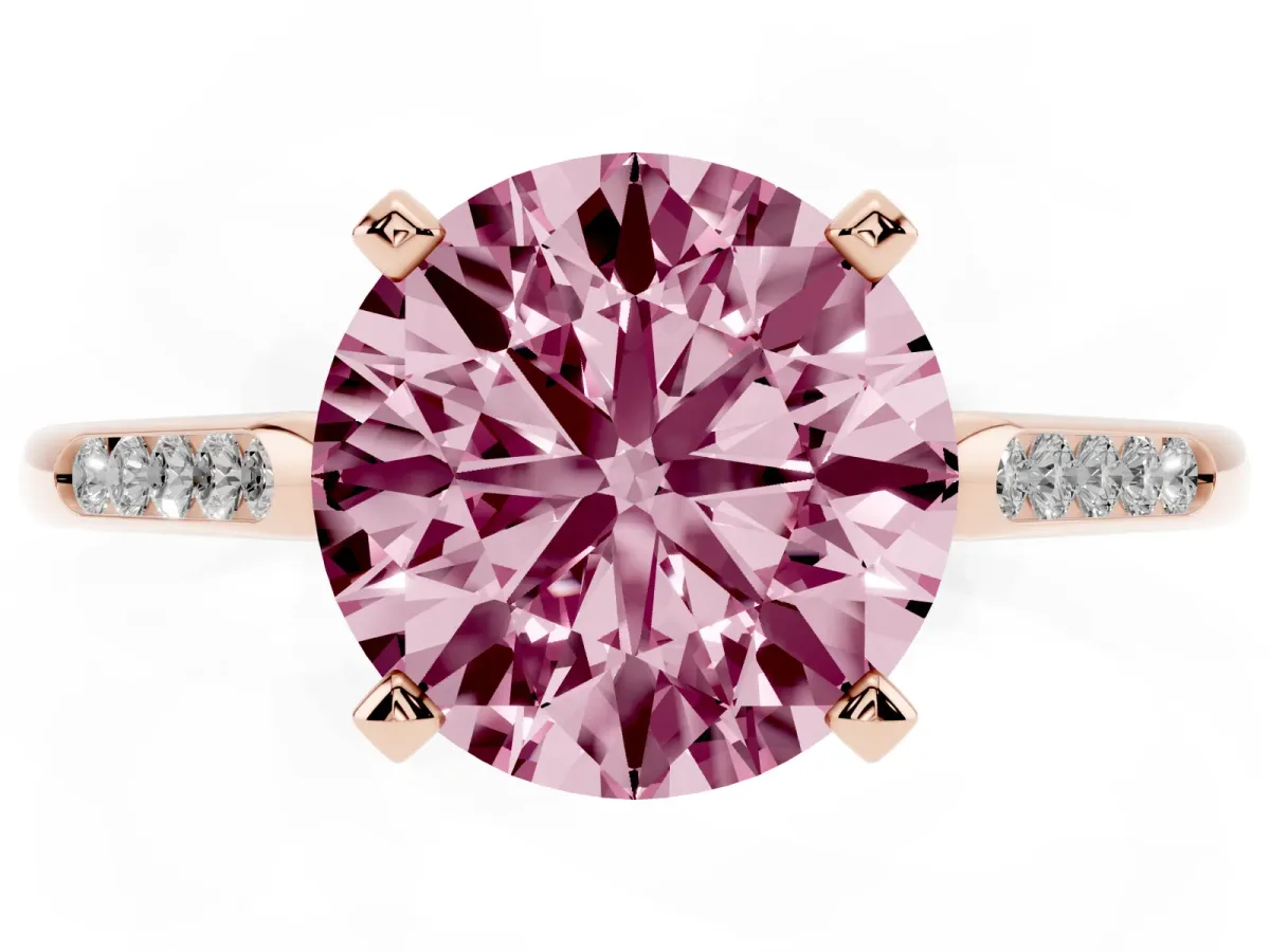 Fancy Pink Round Cut Diamond Solitaire Ring with Channel Set Round Band and Prong Setting Rose gold