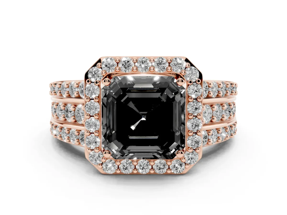 Fancy Black Asscher Cut Halo Diamond Ring with Round Split Shank and Prong Setting Rose gold