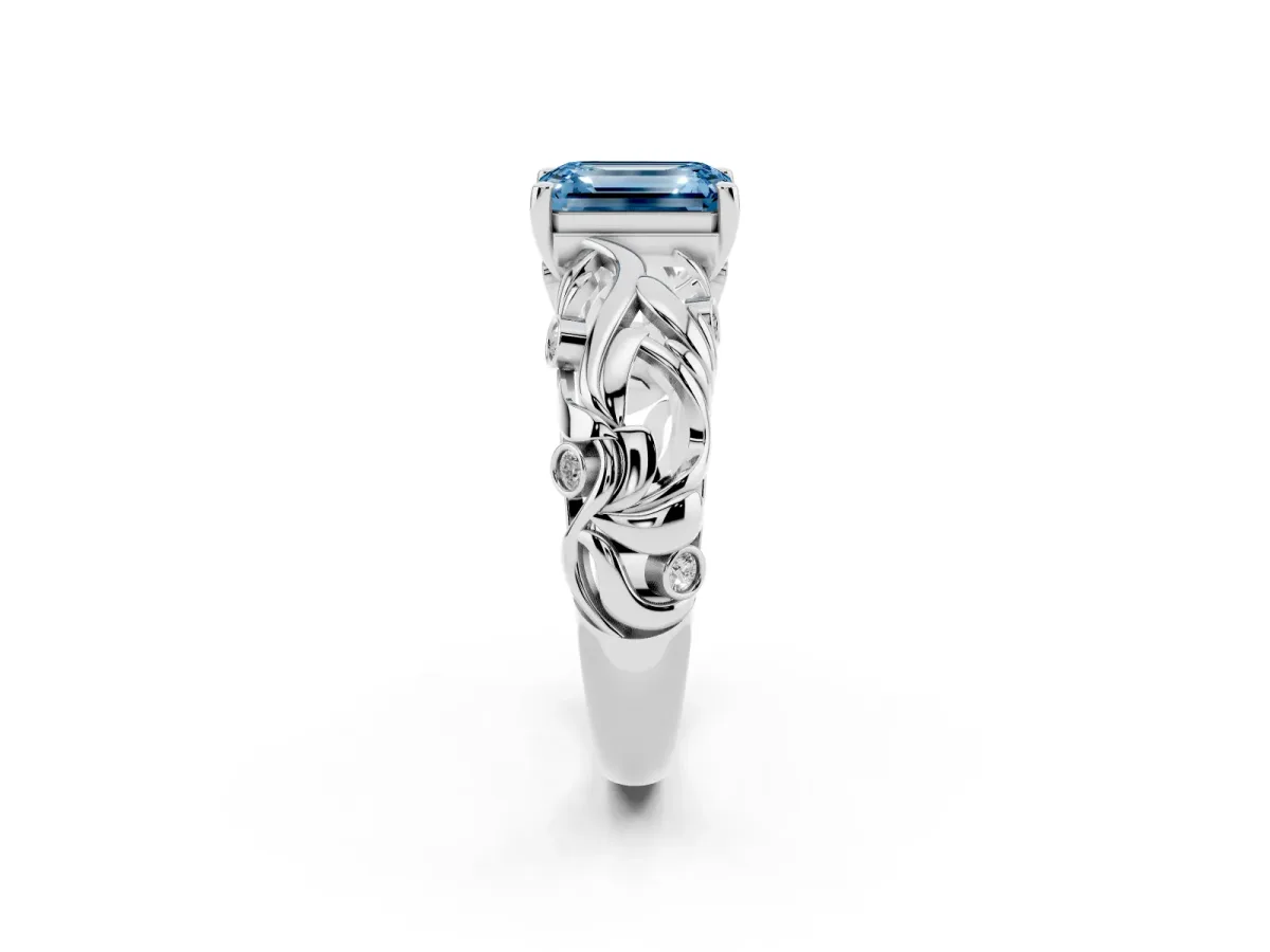 Fancy Blue Emerald Cut Solitaire Diamond Leaf-Inspired Vine Band Ring with Prong Setting Platinum