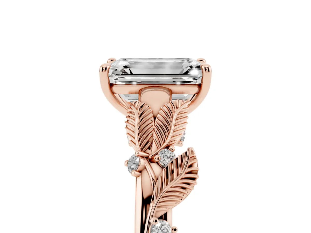 Emerald Cut Diamond Solitaire Ring with Leaf Motif Band and Four-Prong Setting Rose gold