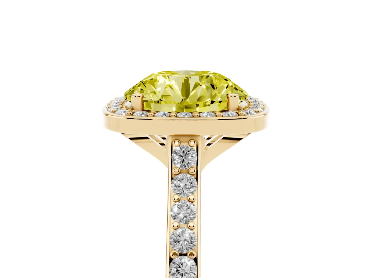 Fancy Yellow Round Cut Diamond Halo Engagement Ring with Round Pavé Shoulders and Prong Setting Yellow gold
