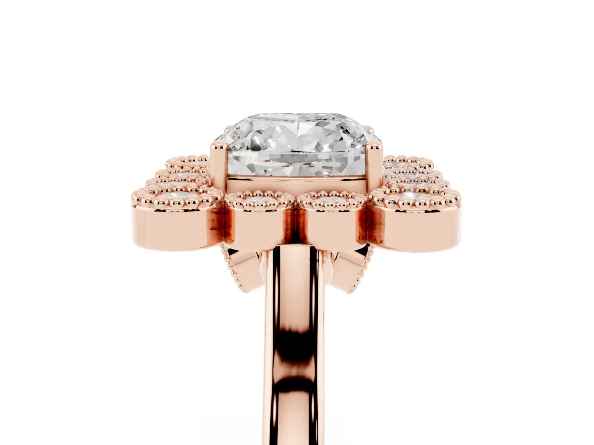 Cushion Cut Halo Diamond Cluster Engagement Ring with Milgrain Bezel Setting and Solitaire Band Rose gold