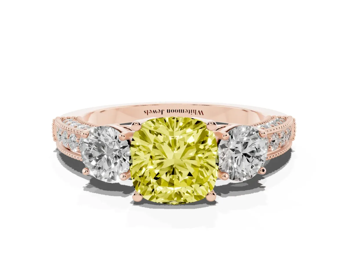 Fancy Yellow Cushion Cut Three-Stone Diamond Ring with Pavé Band and Four-Prong Setting Rose gold