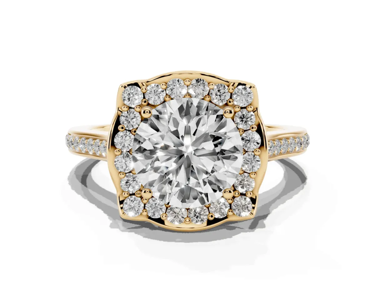 Round Cut Halo Round Diamond Pave Band with Four-Prong Setting Yellow gold