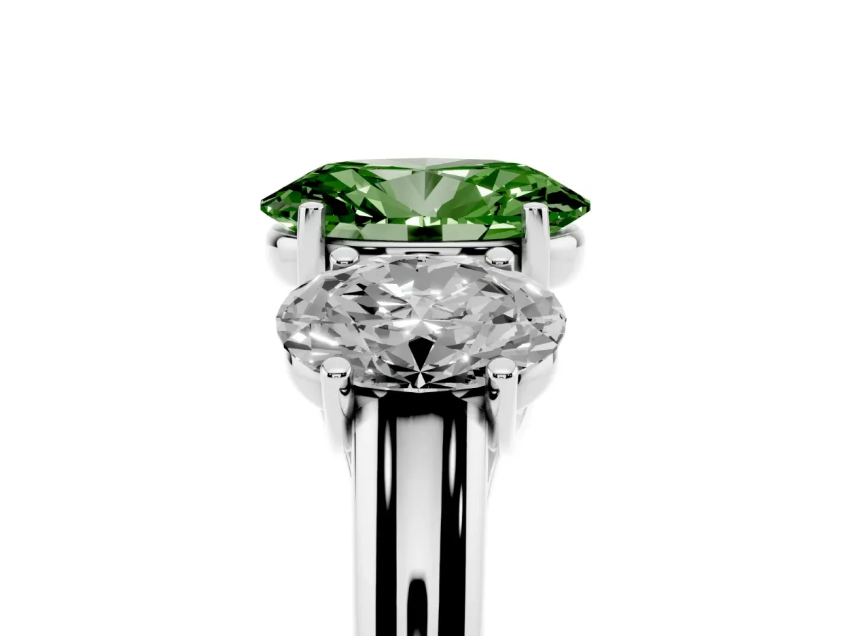 Fancy Green Three-Stone Oval Cut Diamond Engagement Ring with Prong Setting Platinum