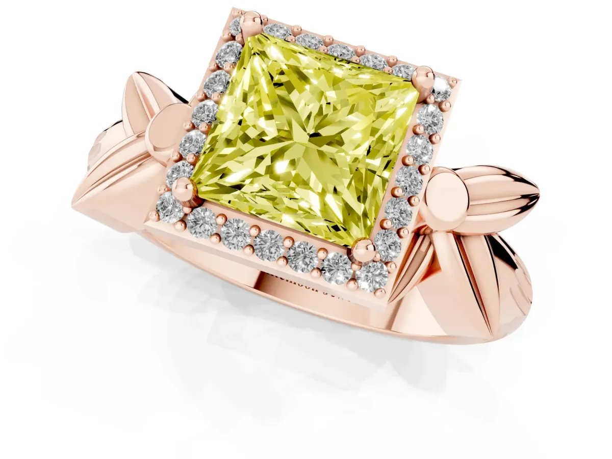 Fancy Yellow Princess Cut Halo Diamond Floral Band with Four-Prong Setting Rose gold