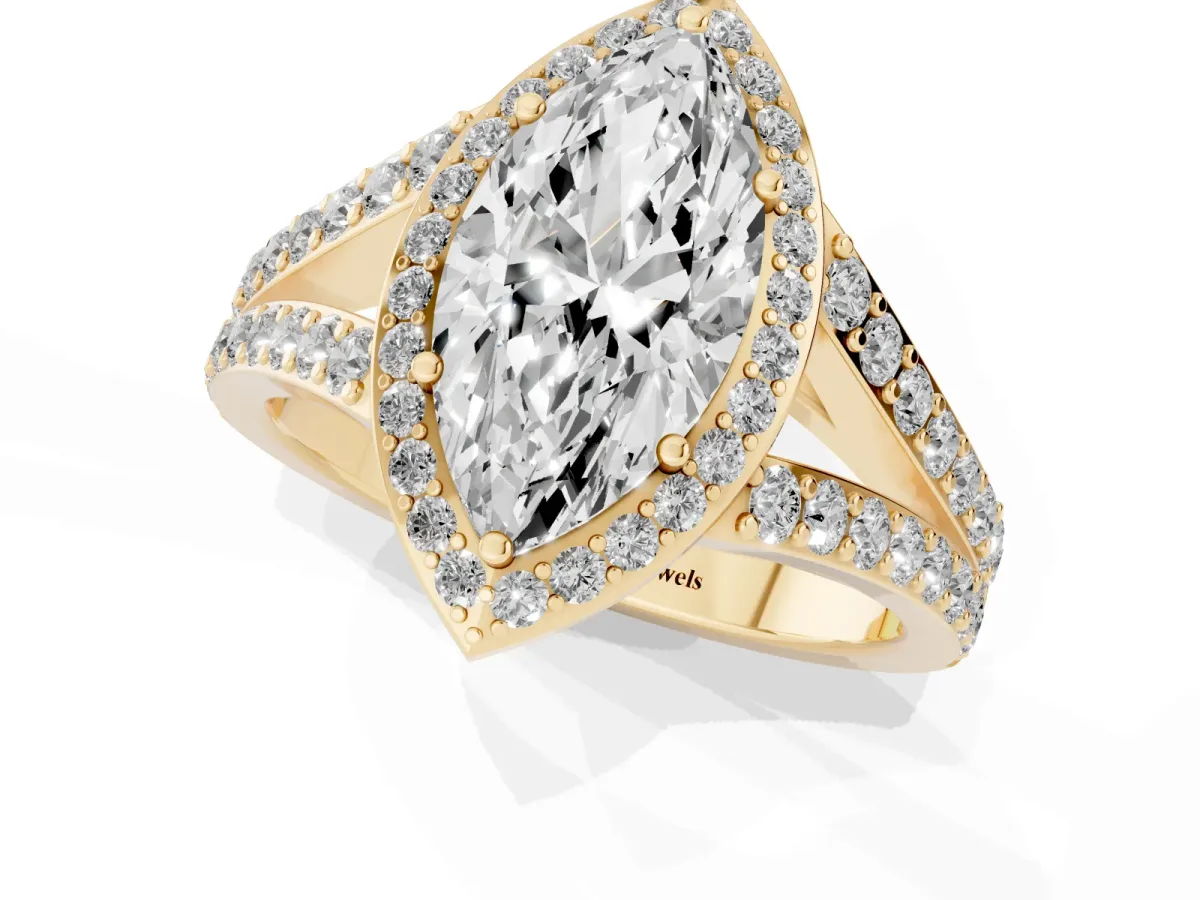 Marquise Cut Diamond Split Shank Halo Ring with Four-Prong Setting Yellow gold
