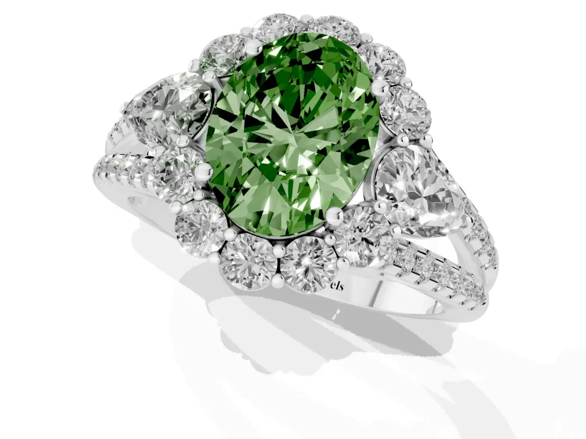 Fancy Green Oval Cut Halo Split Shank Diamond Engagement Ring with Prong Setting Platinum