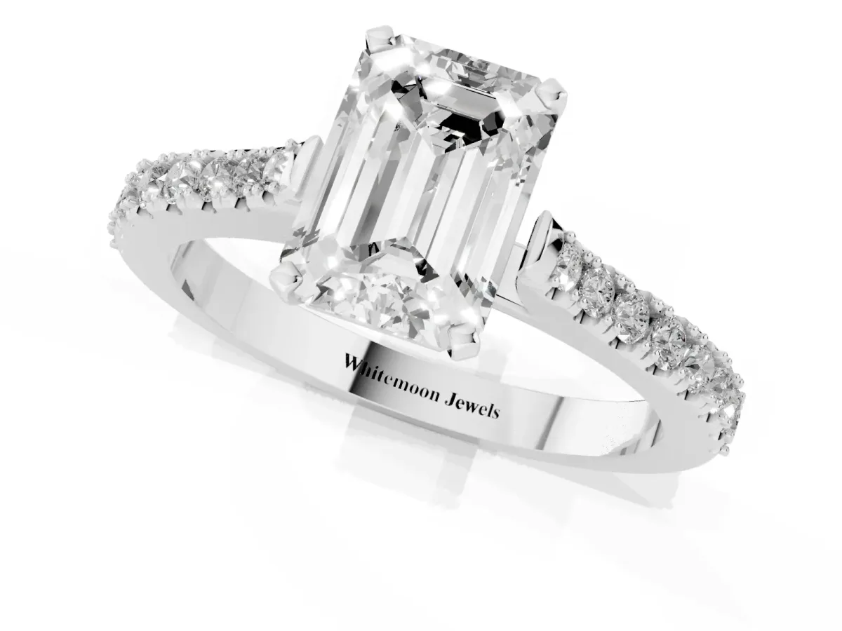 Emerald Cut Cut Solitaire Diamond Engagement Ring with Pave Band and Four-Prong Setting White gold